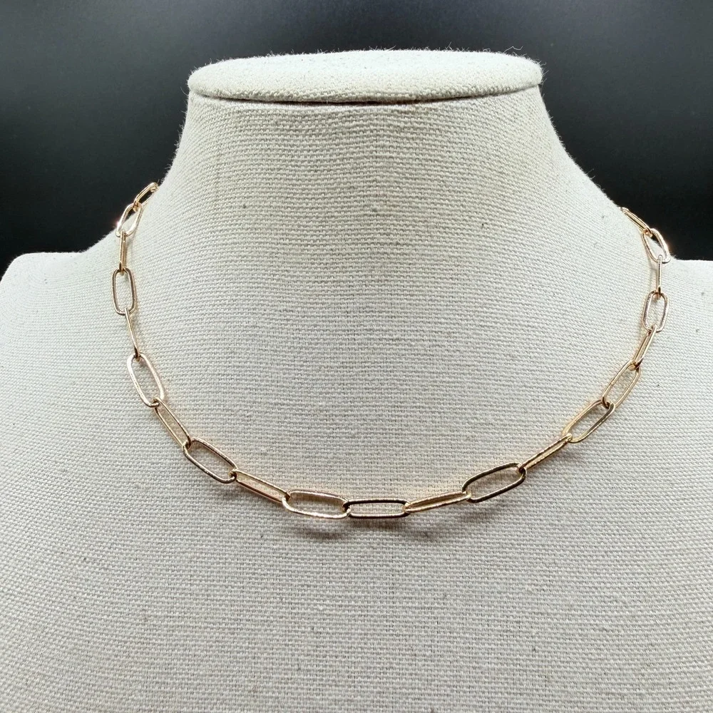 Rose Gold Tone Paperclip Chain Necklace Toggle Clasp Minimalist Modern Jewelry